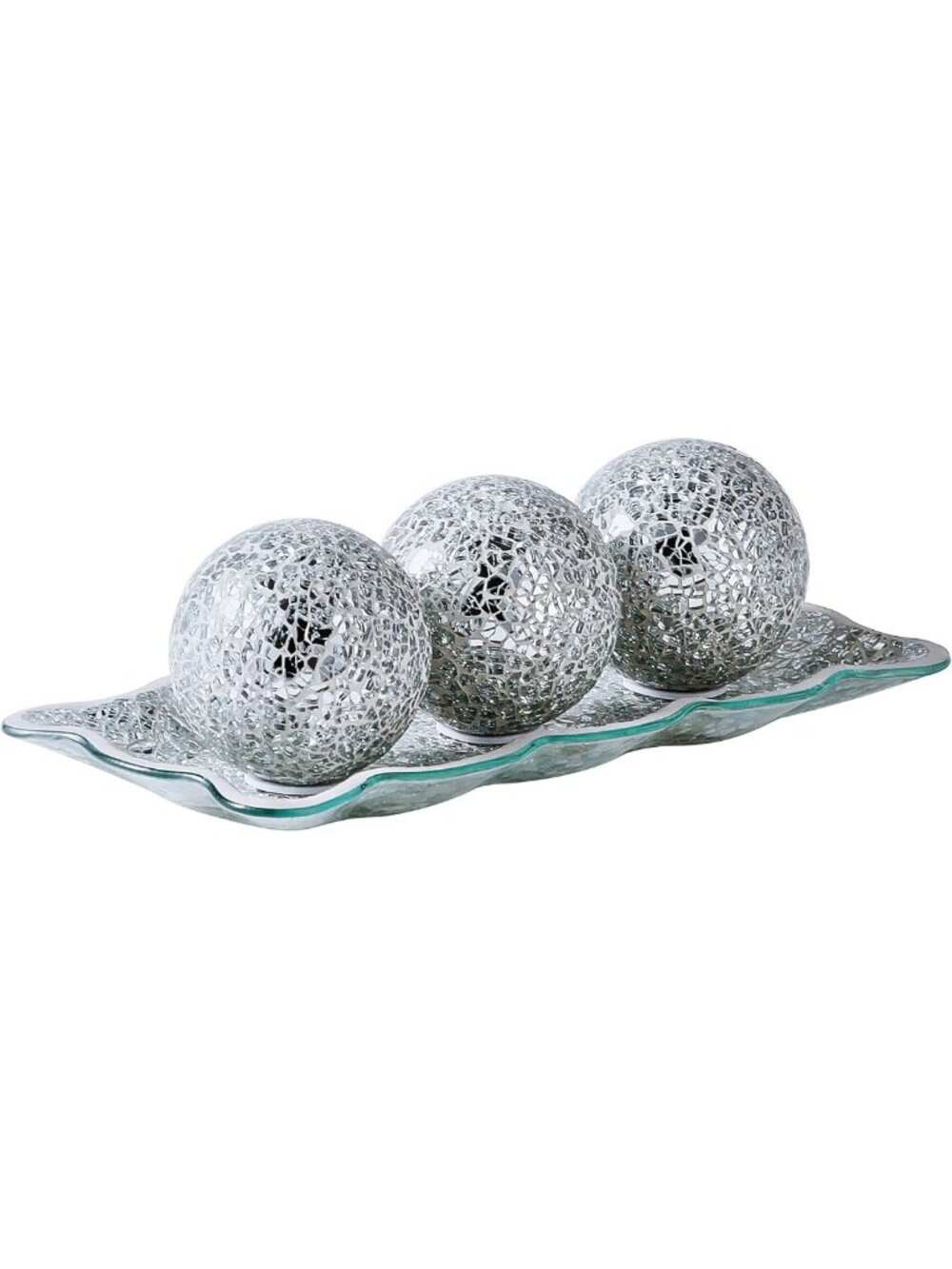 Mosaic Glass Decorative Tray with 3 Decorative Orbs for Living Room Centerpiece